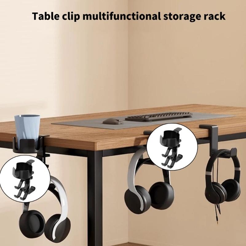 Clamp On Under Desk Headphone Holder With Concealed Storage And 360 Degree Rotating Cup Holder For Office Accessories