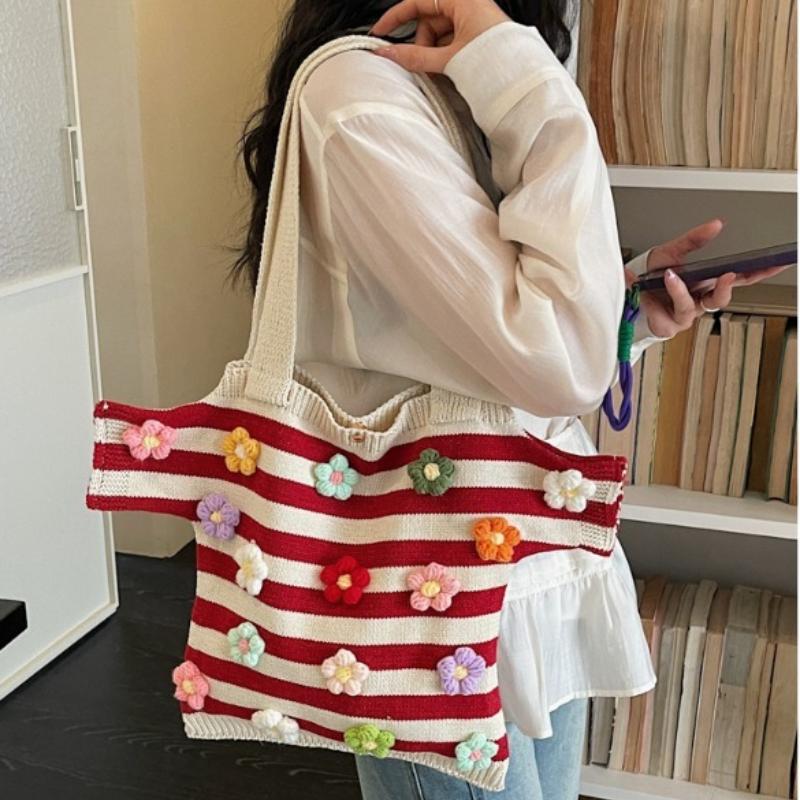 Summer Fashi Large Capacity Youth Beach Handbag  Boho Crochet Shoulder Bags Handmade Floral Striped Knit Tote Bags