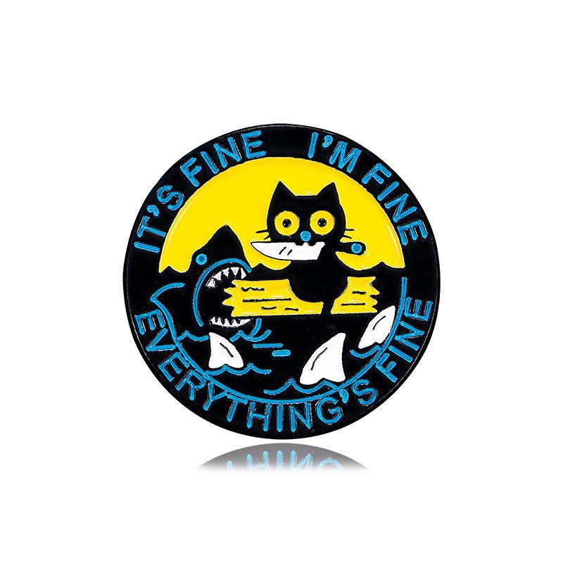 Cartoon Kitten Metal Brooch - Cute Black Cat with Gun