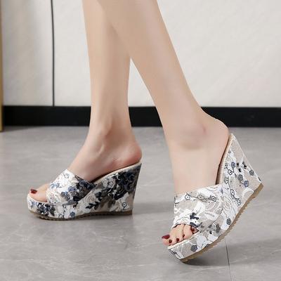 Zapatos de plataforma para mujer 2023, zapatillas de cuña con tacón alto para mujer, zapatillas informales con estampado Floral para mujer, zapatos de verano