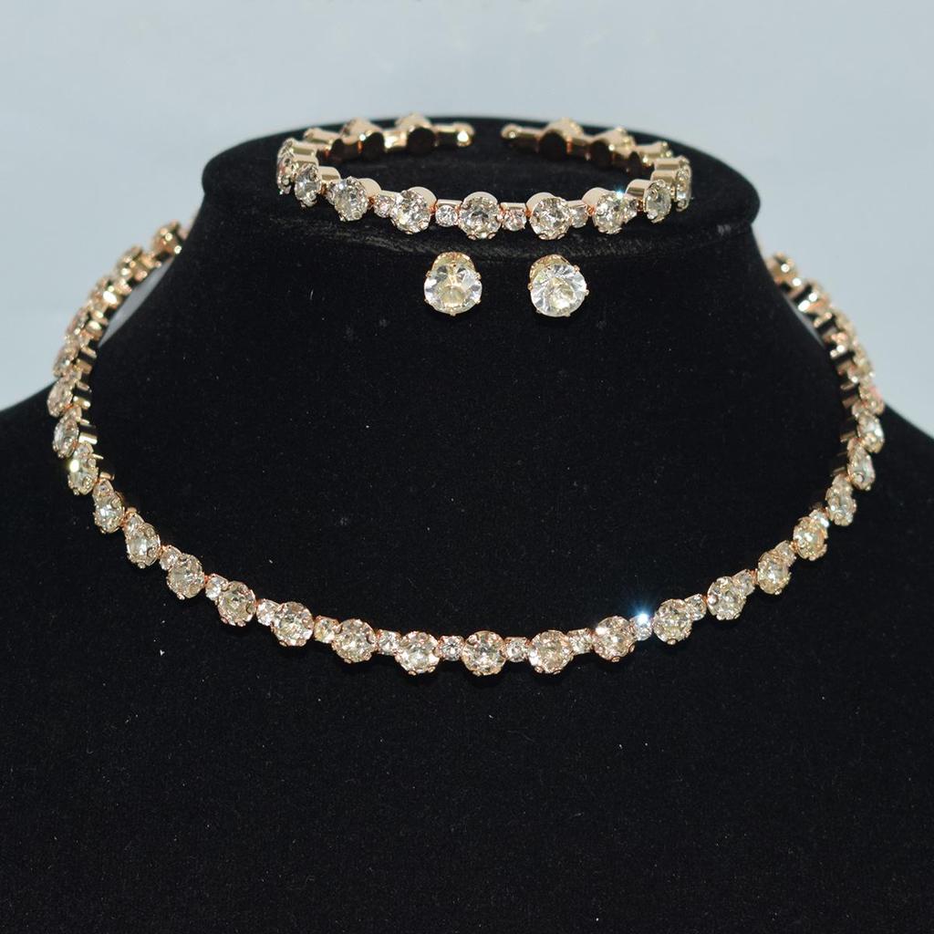Gold & Silver Rhinestone Jewelry Set: Choker, Bracelet, Stud Earrings, & Necklace