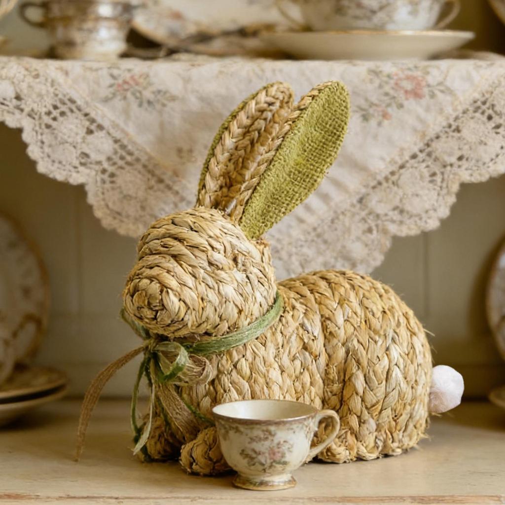 Spring Easter Handmade rabbit ornaments Rustic Cute Woven Spring Decor Rabbit Statue decorated with bows and fluffy tails