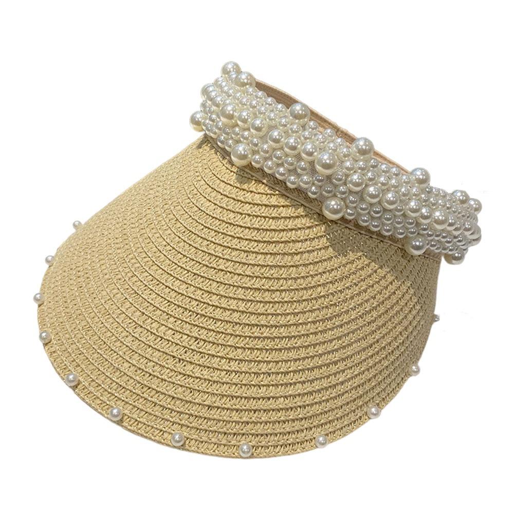 Wide Brim Sun Hat Pearl Decorated Straw Hat Imitation Pearl Beach Hat  UV Protection