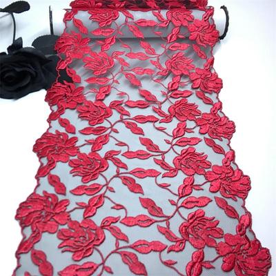Renda de Rede Bordada 1m x 22cm, Barra de Renda Bordada Floral Vermelha com Tule Preto para Vestido, Lingerie, Sutiã, Roupa Íntima, Peça de Vestuário, Artesanato e Costura