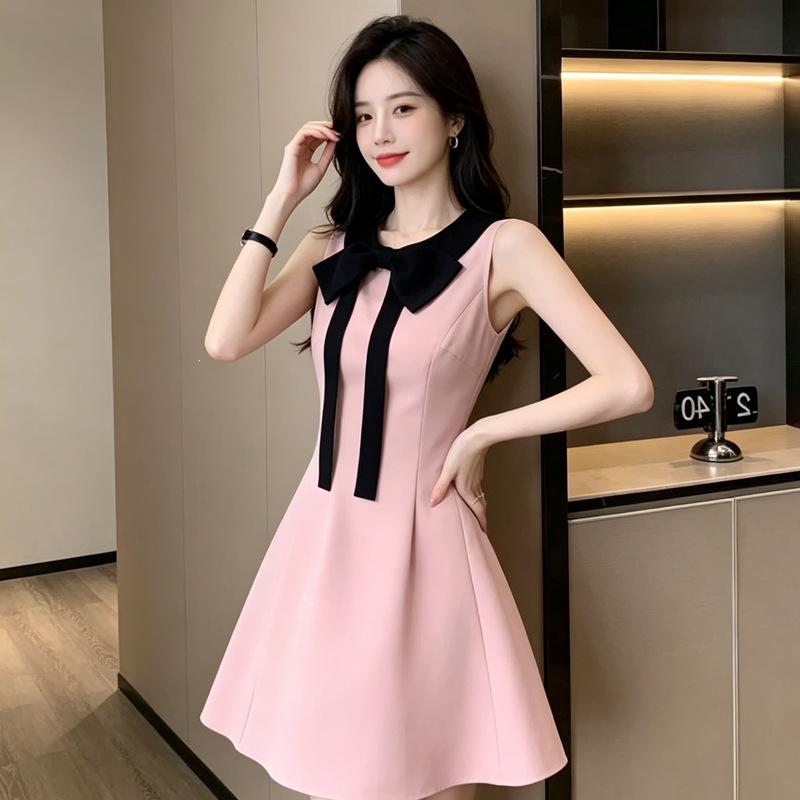 Pink First Love Bow Splicing Vest Dress Women's Small Summer Beautiful Temperament Coffee Break A-word Short Skirt