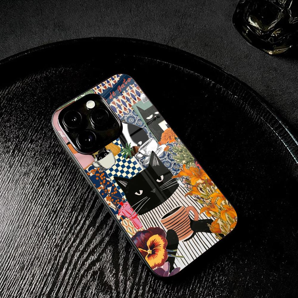 

Striped Coffee Black Cat Phone Case Tempered Glass For IPhone 17 16 13 14 12 15 11 Pro Max Plus Mini X XR SE2020 Coque iPhone 15 Pro
