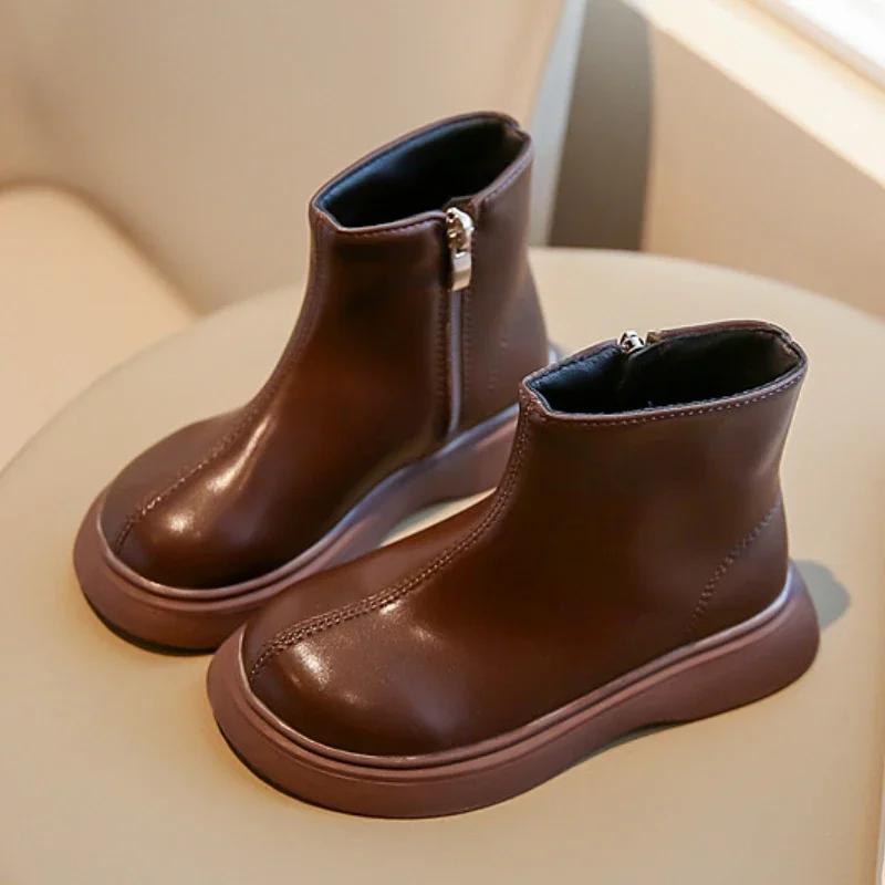 Spring Autumn Children's Boots Simple Style Girls Leather Boots Solid Color Kids Causal Ankle Boots Classic Side Zipper