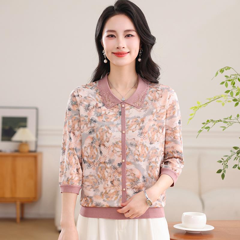 2026 Spring/Summer Tencel Floral Lapel 3/4-Sleeve Ice Silk Top for Mothers