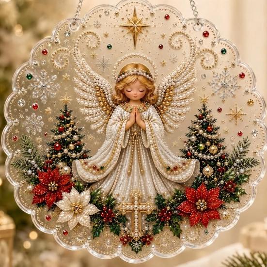 Holiday Window Hanging Decor Christmas Faux Pearl Painting Suncatcher Kit, 3D Nativity/Santa Claus/Bird/Tree Creative Handcrafts Beads Art Craft,