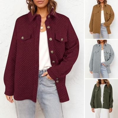 Ženy jeseň zima jednofarebná bunda chlopňa s dlhým rukávom jednoprsia Nadrozmerná prešívaná košeľa falošné vrecká vzor vafle Ležérne oblečenie