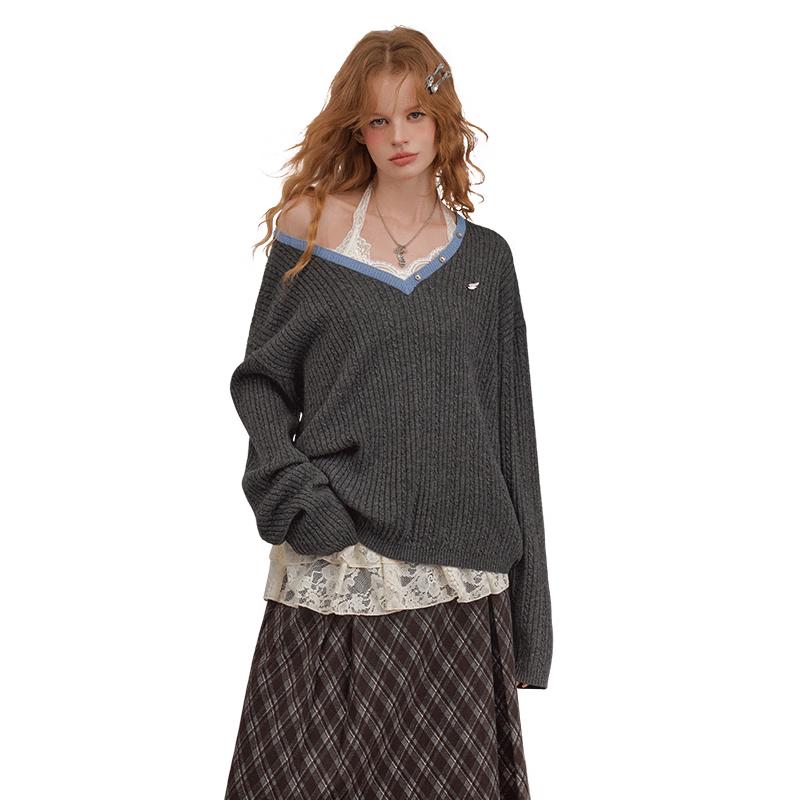 

UNIFREE Women s Soft V-Neck Thick Knit Loose Sweater M