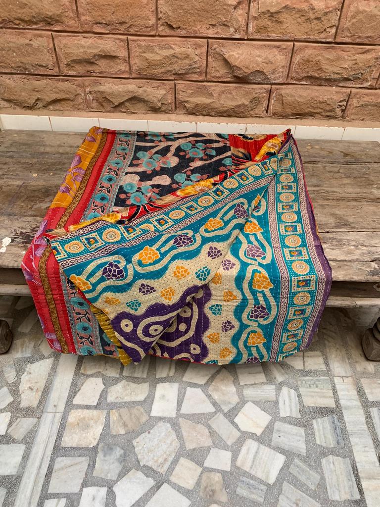Hand-Stitched Floral Kantha Quilt: Reversible Indian Cotton Throw