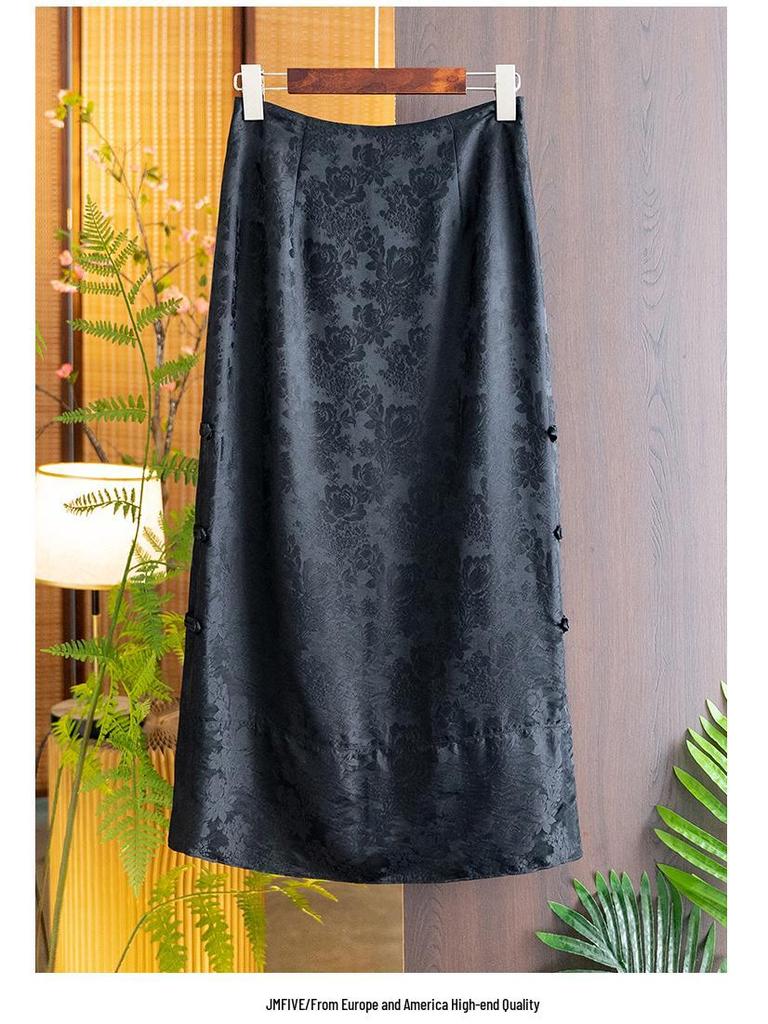 2026 Spring/Summer Women's Black Silk Midi Skirt - Chinese National Style, Jacquard A-line with Slit