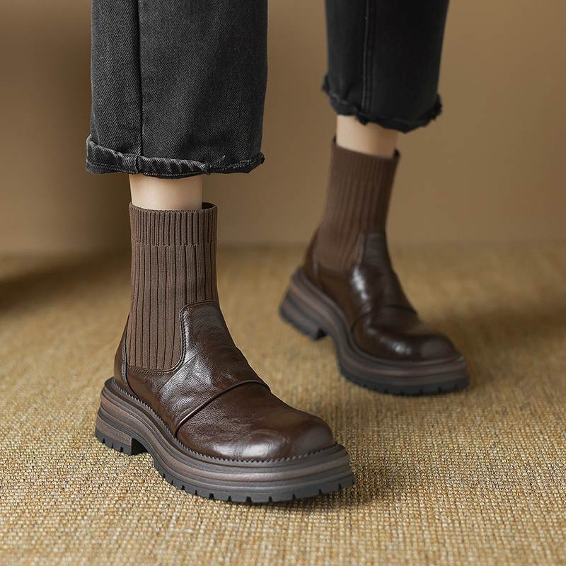 Krazing Pot Microfiber Autumn Winter Shoes Thick High Heels Flat Platform Size 43 Motorcycle Boots Knitwear Ankle Boots
