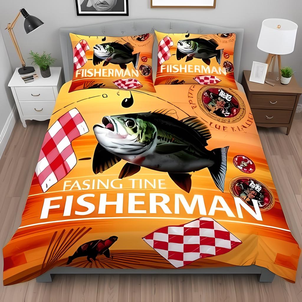 Fishing Queen Duvet Cover Set Vibrant Blue With Cartoon Fish Water Splatter Design Perfect For Fishing Lovers Warm And Soft