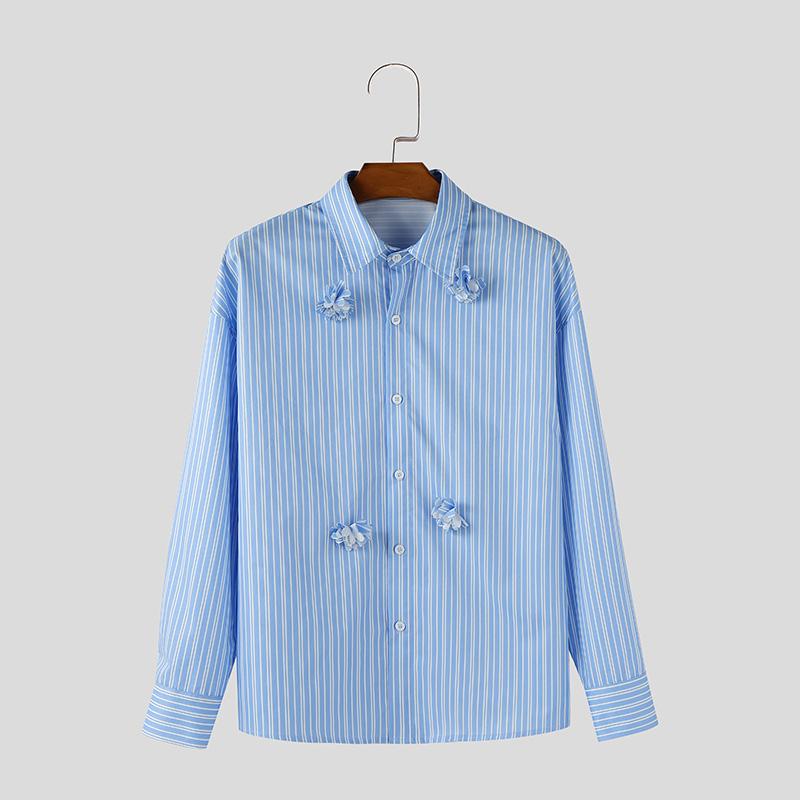 

INCERUN Men Lapel Neck Long Sleeve Striped Flowers Casual Oversized Shirts 5XL синий