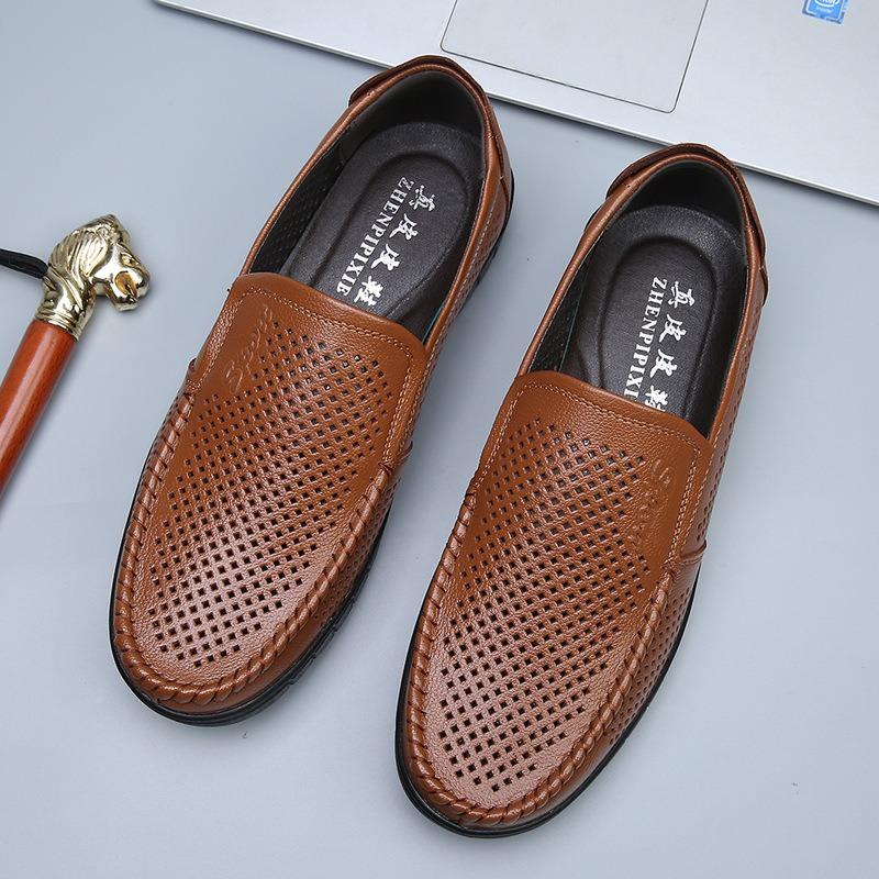 Sandals men's new summer breathable hollow leather shoes men's genuine leather soft-soled casual dad shoes