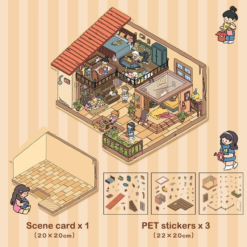 

1 комплект милых мультяшных мини-наклеек с пейзажами мира, карманные 3D-наклейки для сцен из домика, наклейки для наклеивания, миниатюрные наклейки для сцен A6