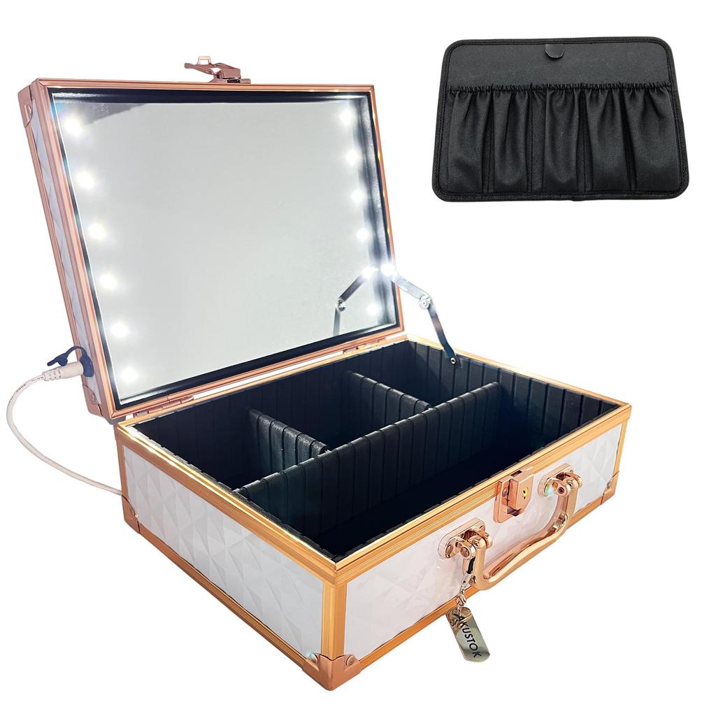 AKUSTOK Makeup Box with LED Large Professional USB and Brush Holder Mirror, Lighting, Portable, Capacity, Use, Connection, (Rose Gold)