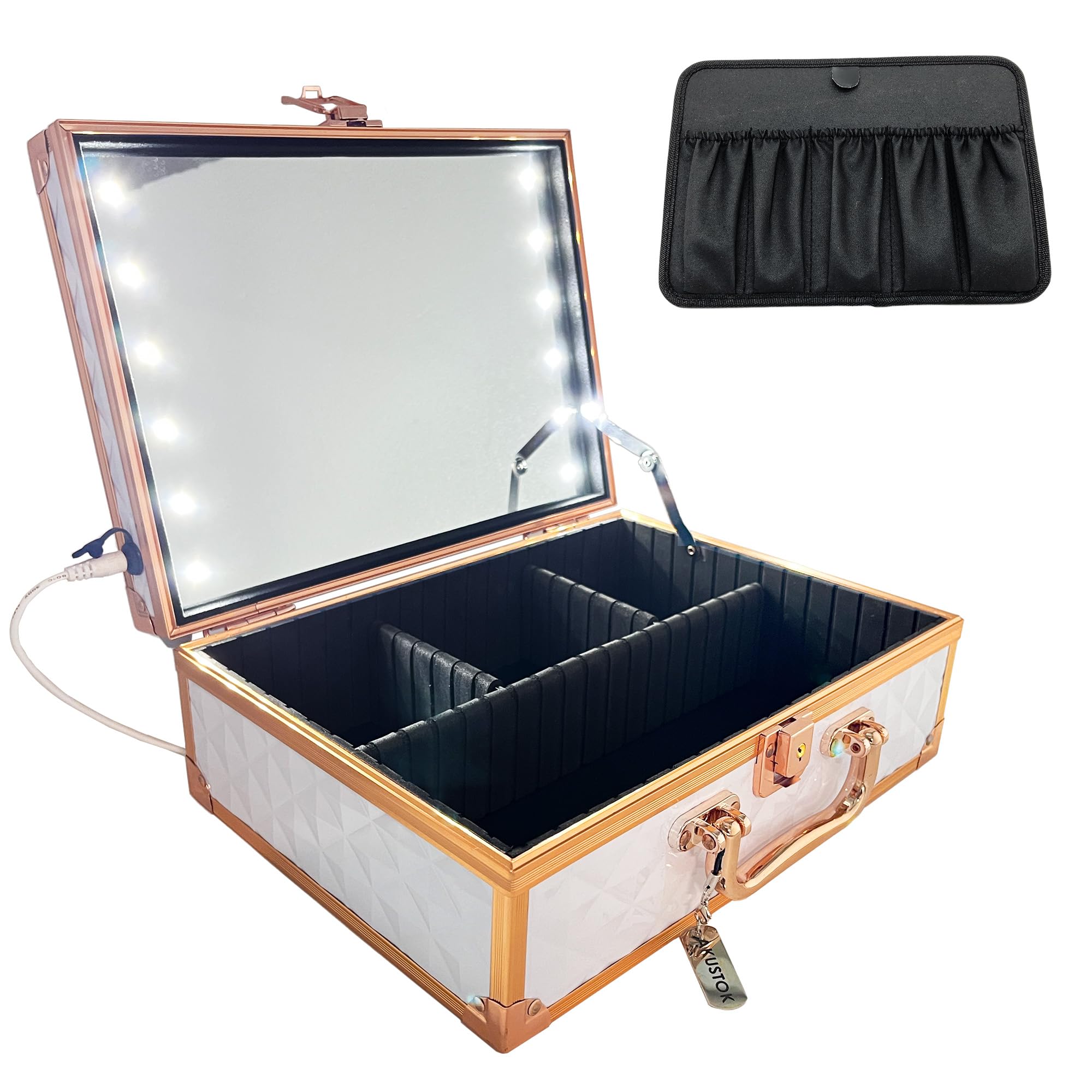 

AKUSTOK Makeup Box with LED Large Professional USB and Brush Holder Mirror, Lighting, Portable, Capacity, Use, Connection, (Rose Gold)