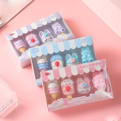 Lot de 4 gommes à dessert en forme de lapin de dessin animé mignon, gommes créatives en caoutchouc, gommes à crayon en crème glacée Kawaii, papeterie pour étudiants, fournitures de bureau