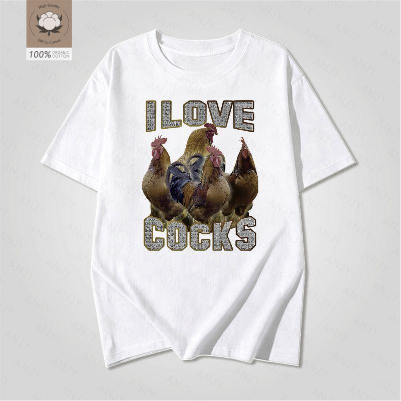 I Love Cocks Rooster Maglietta a Maniche Corte Stampata Retrò Modello Divertente Fattoria Americana Unisex e Unisex Top Girocollo Largo