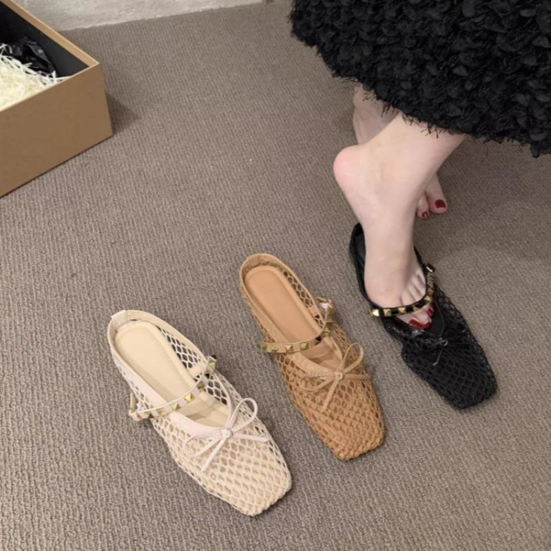 Fashion Low Heel Fishing Net Woven Sandals Women Summer Hollow Soft Sole Comfortable Niche Beach Baotou Roman Half Slippers