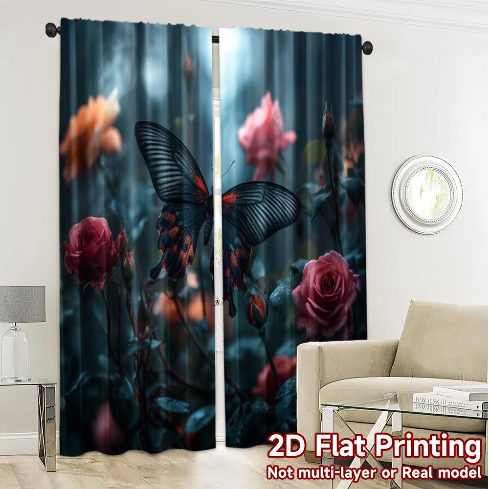 2pcs, 2D FLAT PRINTING Curtains (Without Rod) Butterfly Bloom Popular Fashionable Curtains Versatile Fabric Curtains Versatile
