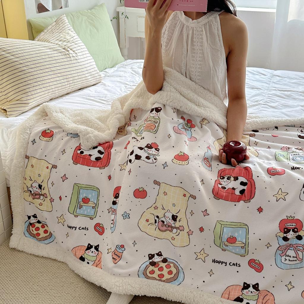 Cartoon Puppy Faux Lambs Wool Blanket Double Layer Thick Warm Fleece Throw Blanket for Sofa Bed Spring Autumn Soft Plush Blanket