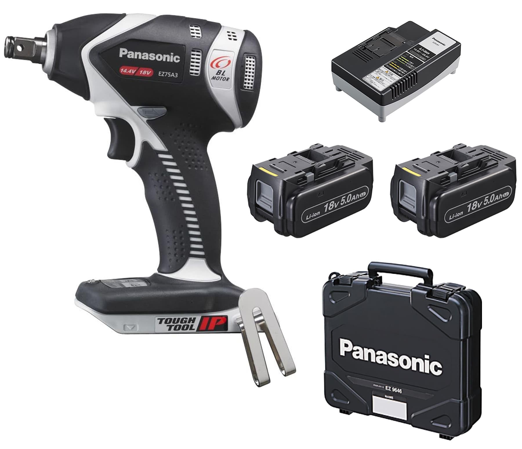 

Panasonic Charging Impact Wrench 18V Battery Pack x Included Dual Slim Width C IP56 Gray 5.0Ah 2/Charger/Case (14.4V/18V Compatible) 61mm/With чорний
