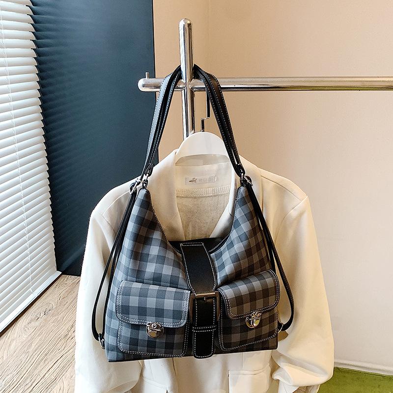 Retro large-capacity shoulder bag women's 2025 new plaid tote bag multi-functional backpack leisure bag