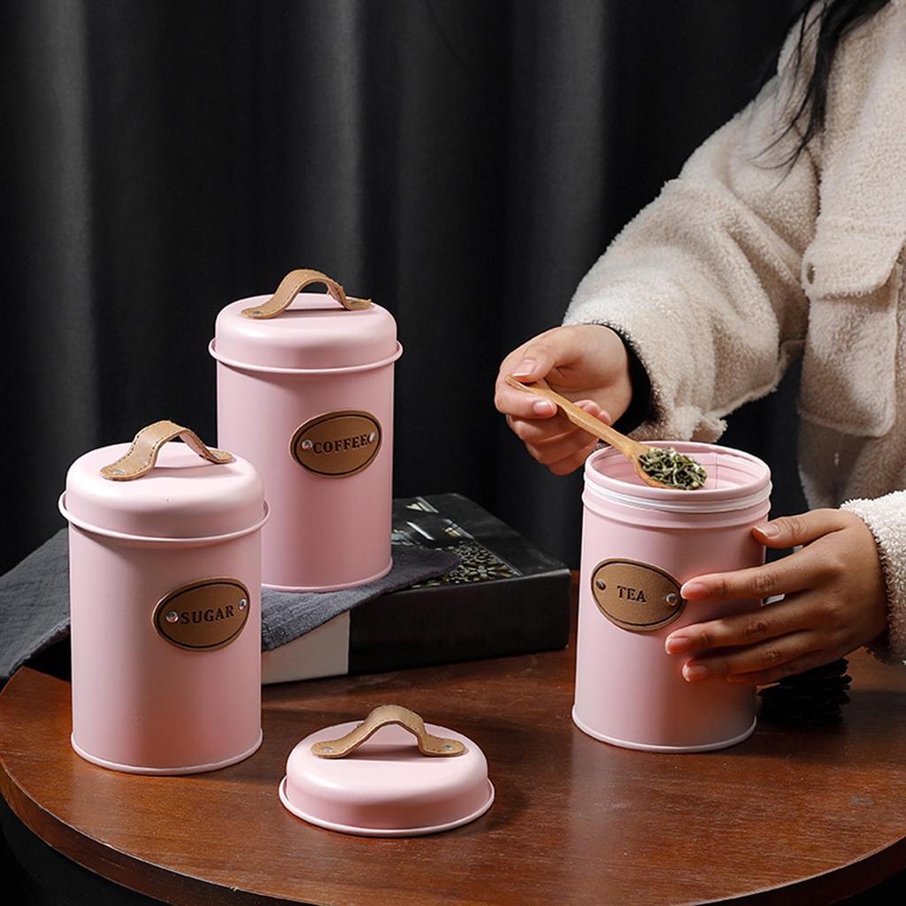3Pcs Tea Coffee Sugar Canisters with Handle Seal Lid Can Tin Countertop
