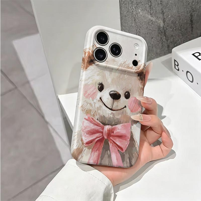 Cuddly Watercolor Teddy Bear Pink Bow Art Graphic Film Aesthetic Protective Shockproof Bumper Phone Case Cover For iPhone 14 15 16 Pro Max Plus