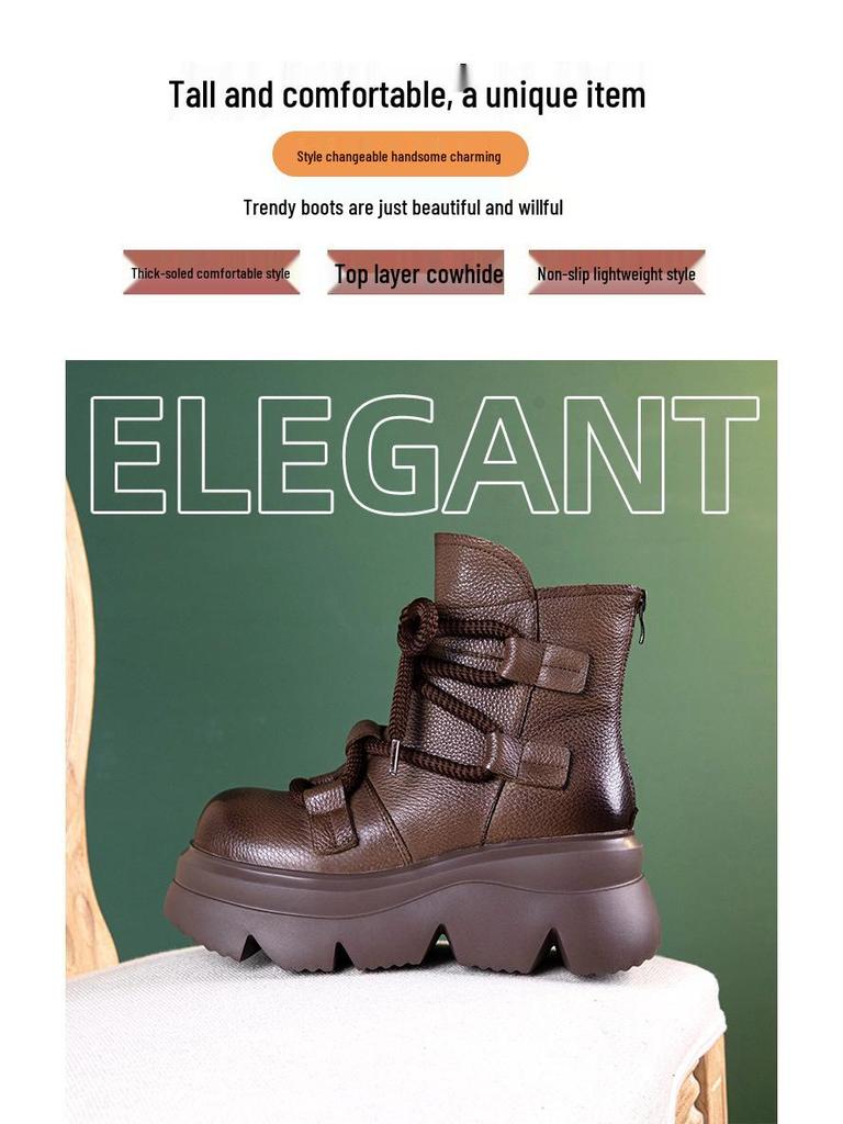 Women's Genuine Leather Platform Martin Boots - 2025 Autumn/Winter Retro Style, Perfect with Skirts for Outdoor Wear.