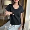 K front shoulder U-neck cotton short-sleeved T-shirt women's spring summer new solid color Korean version loose and thin bottoming shirt top