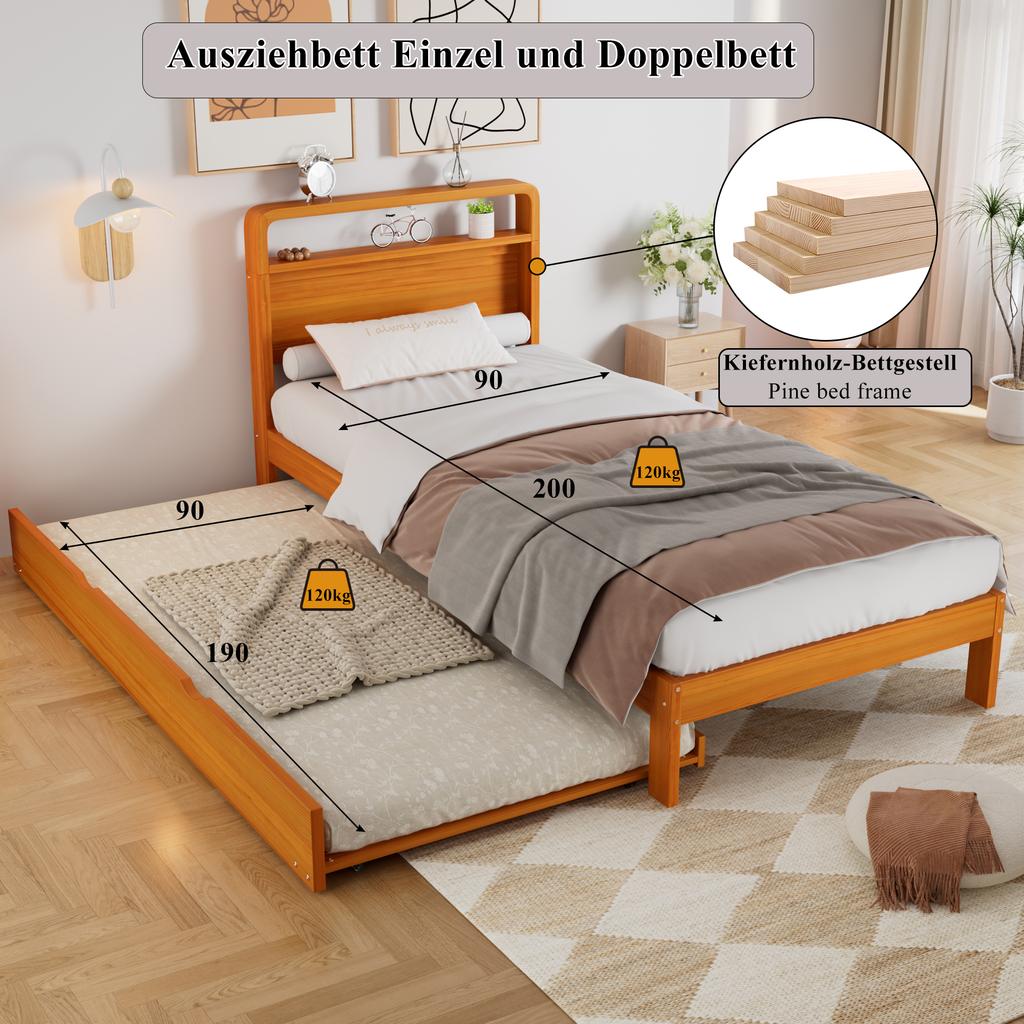 Letto in Legno 90x200 cm con Letto Estraibile 90x190 cm, Letto Funzionale con Letto Ospite Montabile a Sinistra/Destra, Testiera Arrotondata e Design Salvaspazio