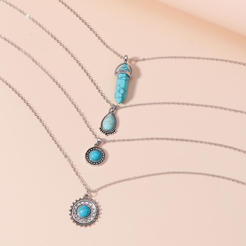 4Pcs/Set Bohemia Turquoise Stone Sun Pendant Necklace for Women Girls Party Festival Jewelry Gifts