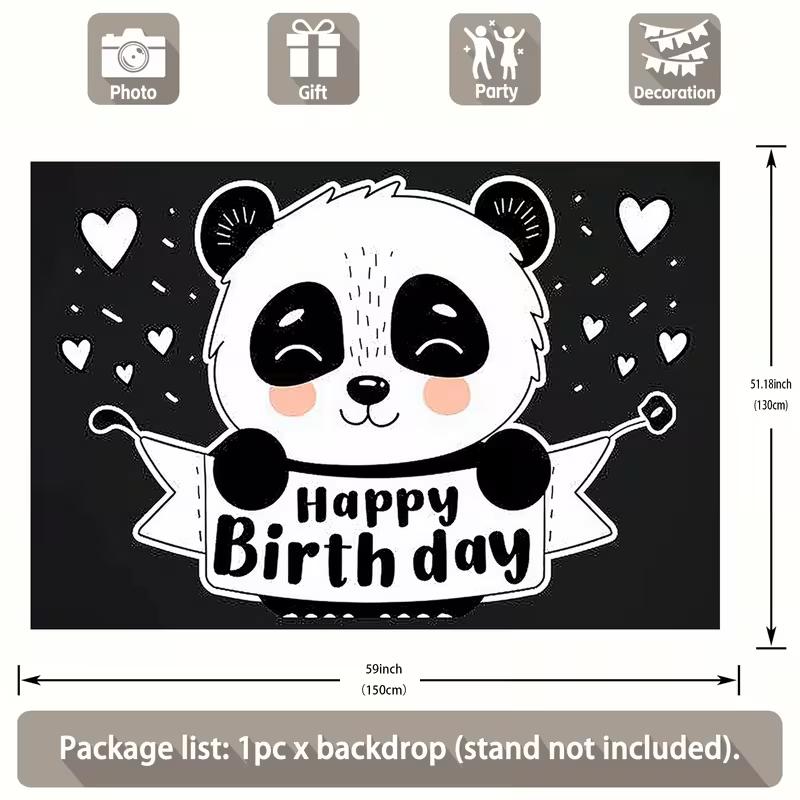 2D Black White Panda Birthday Photography Backdrop with Hearts for Photo Booth