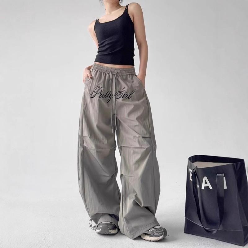 Womens Gray Cargo Pants Loose Wide Leg Streetwear Embroidered Casual Trousers