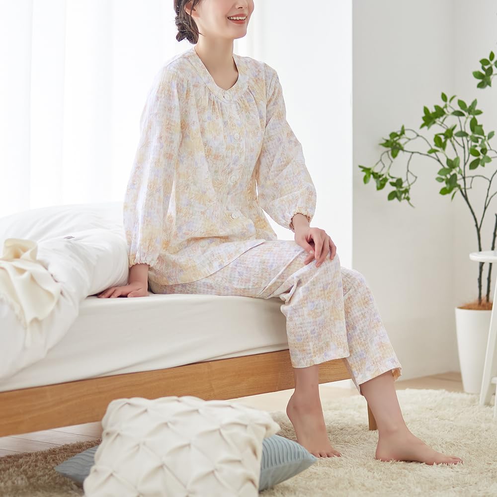 Gunze Long Sleeve Pajamas with Elastic Sleeve and Leg Mini Soraha Sax Women's Holes, 100% Cotton, Moisture-Wicking, Quick-Drying, Print,