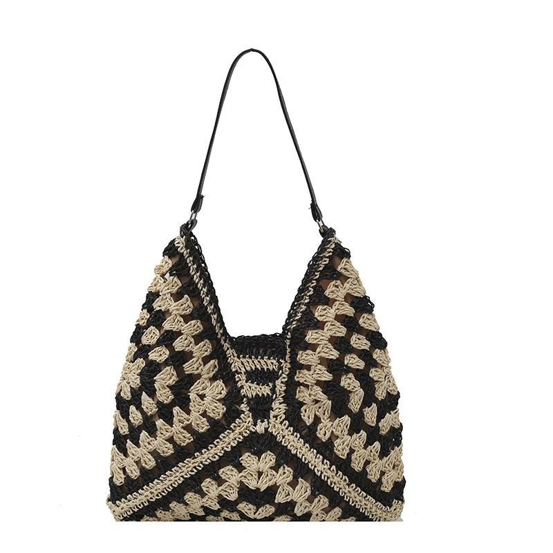 

Вязаная сумка большой вместимости женская новая летняя популярная полая на плечо соломенная сумка литературная сумка чёрный