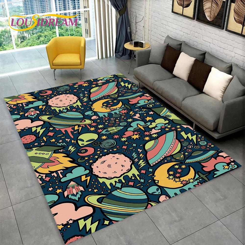 3D Astronaut Weltraum Cartoon Teppich, Teppich für Zuhause Wohnzimmer Kinderzimmer Sofa Fußmatte Dekoration, Rutschfeste Bodenmatte für Kinder