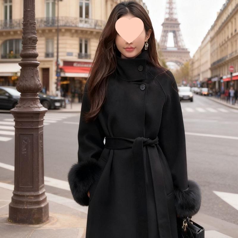 

Luxury Reversible Velvet & Faux Fox Fur Sleeve Woolen Coat - Mid-Length, Autumn/Winter Outerwear S ( 110 jin)