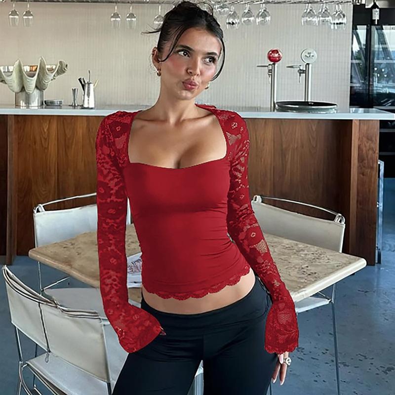 Women Fashion Square Collar Patchwork Lace Floral Print Long Sleeve Sexy Crop T-Shirt Sheer Summer Clothes Party Club