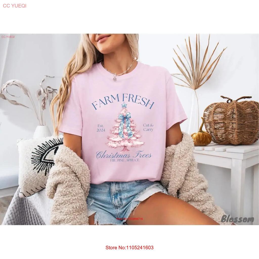 Pink Christmas Tree T Shirt Watercolor Coquette Aesthetic Blue Floral Toile Chinoiserie Grand Millennial Print For Unisex Homme