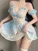 SENMHS Sexy Maid Lolita Ruffled Princess One for Costumes and Events Costume, Style, Babydoll, See-Through, Camisole, Style, Women's Costume, Blue,