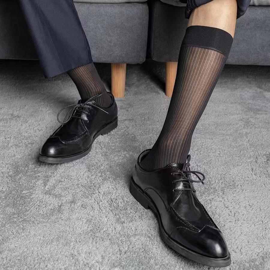 Men's Black Pinstripe Silk Socks for Business Formal Wear
