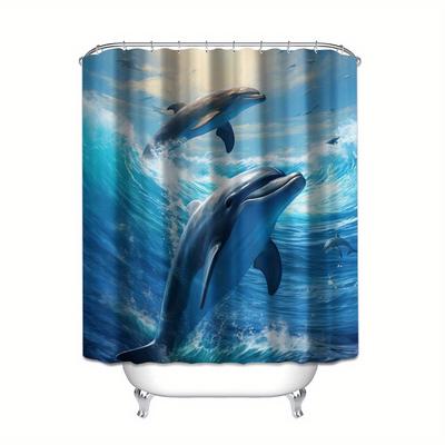 1 Stück Hochwertiger Polyester-Duschvorhang mit Haken, Lebendiger Cartoon-Delfin & Meereswellen-Druck, Badezimmer-Dekoration Duschvorhang