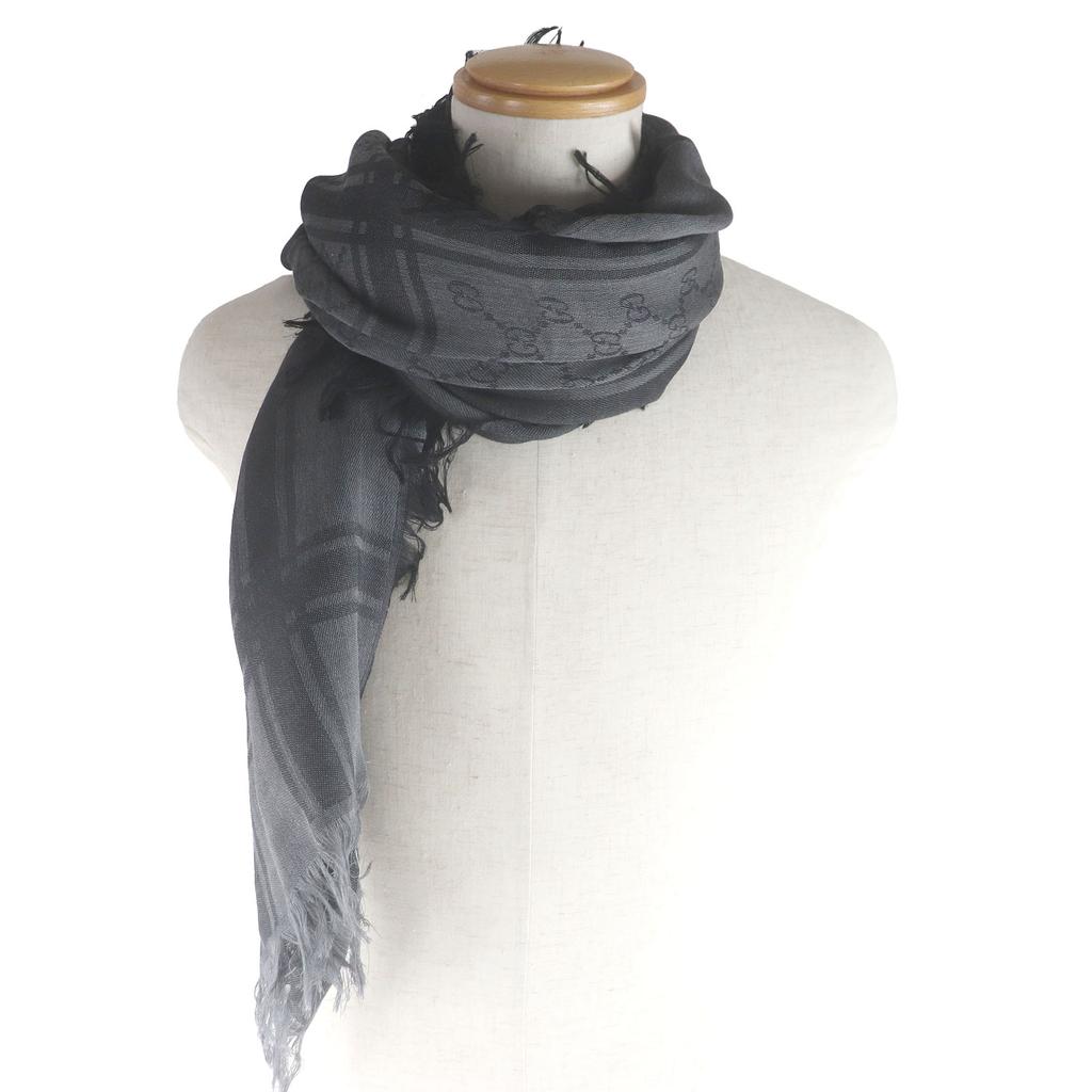 Excellent GUCCI Stall Diamante Check Pattern Fringe gray wool mens 544615 Used