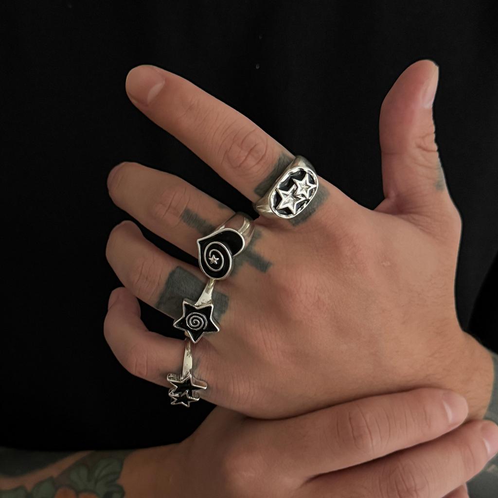 Dark Oil Drip Pentagram Ring Set for Men Hip Hop Niche Heart Ring Men's Jewelry